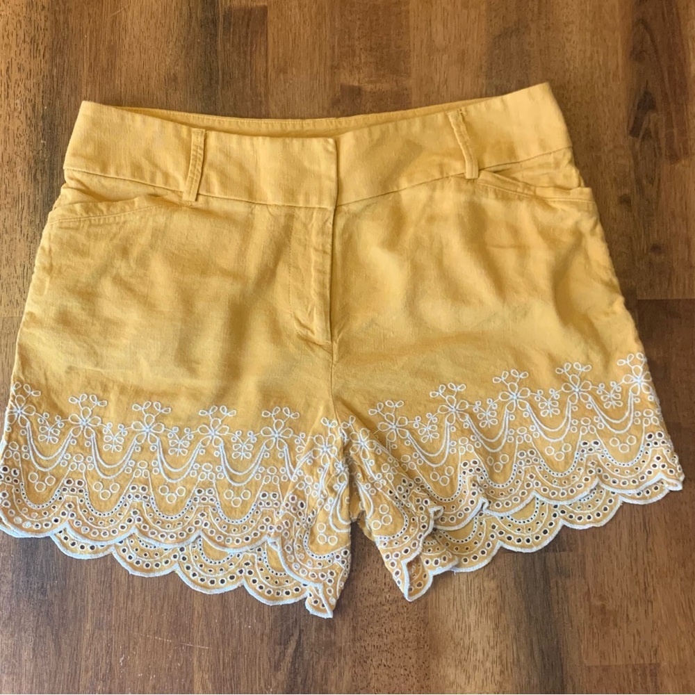 LOFT High Waist Shorts 4 Mustard Yellow Embroidered Detail